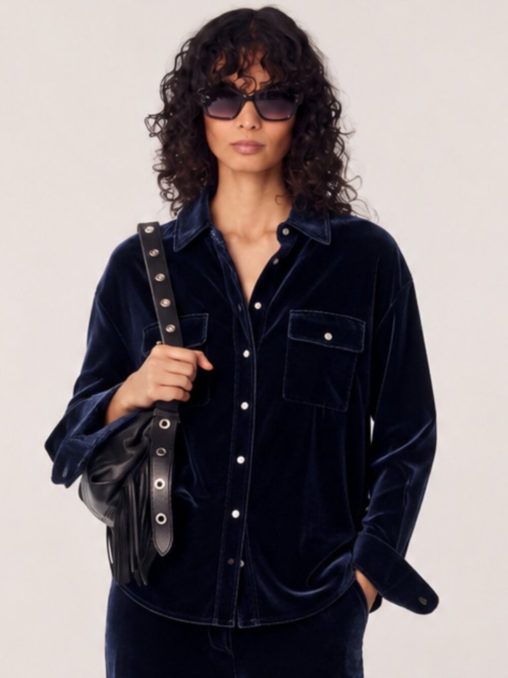 Maje Black Velvet Pearl-Button Shirt